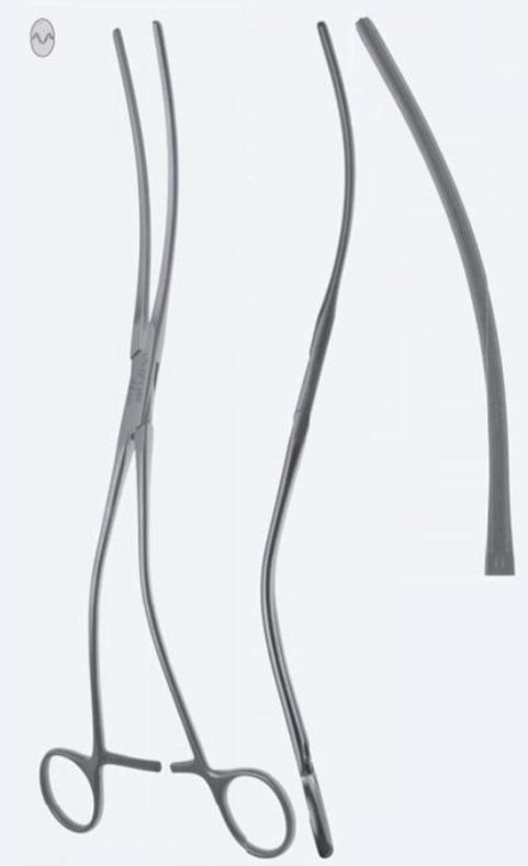 Зажими, судинні, "De Bakey", для аорти, зубці "De Bakey", з вигнутою ручкою, вигнуті, довжина 300 мм, 12". Бренд - Asanus Medizintechnik Gmb, Німеччина